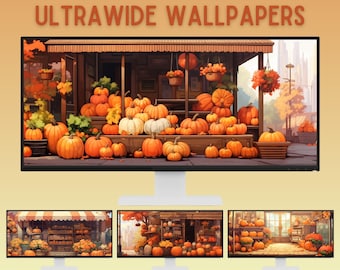 Autumn pumpkins ultrawide wallpaper desktop wallpaper halloween wallpaper autumn ultra wide wallpaper fall wallpaper lofi pc wallpaper