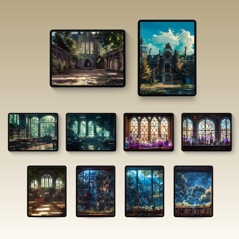 Dark academia–inspired iPad wallpaper collection featuring gothic libraries, ivy-covered courtyards, grand university halls, and autumnal campuses with warm lighting, vintage architecture, and a moody scholarly atmosphere.