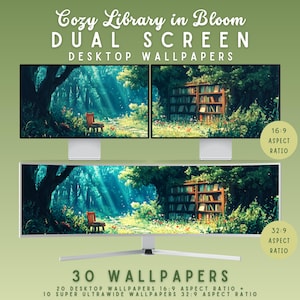 Gezellige bibliotheek bureaubladachtergrond met twee schermen anime-behang Gezellige achtergrond met twee monitoren mac-achtergrond super ultrabreedbehang