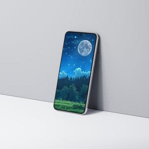 Op de afbeelding: Een smartphone die een nachtelijke hemel met een volle maan en sterren weergeeft. Het scherm toont een donker bos met een grasveld op de voorgrond.