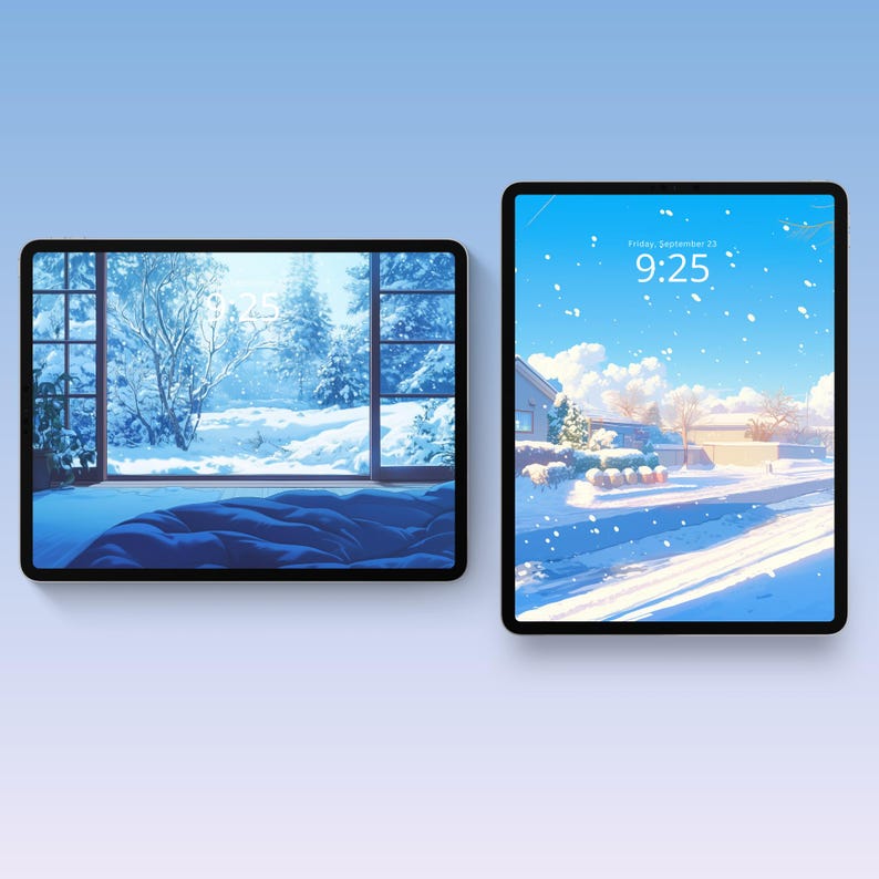 Winter collection of wallpapers featuring serene snowy landscapes, frosty forests and cozy cabins. Each wallpaper captures the peaceful and cold beauty of the winter season, with cool tones of blue, white, and gray.
