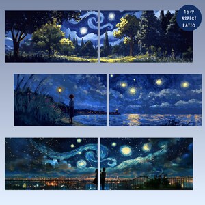 May include: A set of four art prints depicting a starry night landscape in a style reminiscent of Van Gogh. The artwork features swirling skies, illuminated trees, and figures gazing at the night sky. The aspect ratio is 16:9.