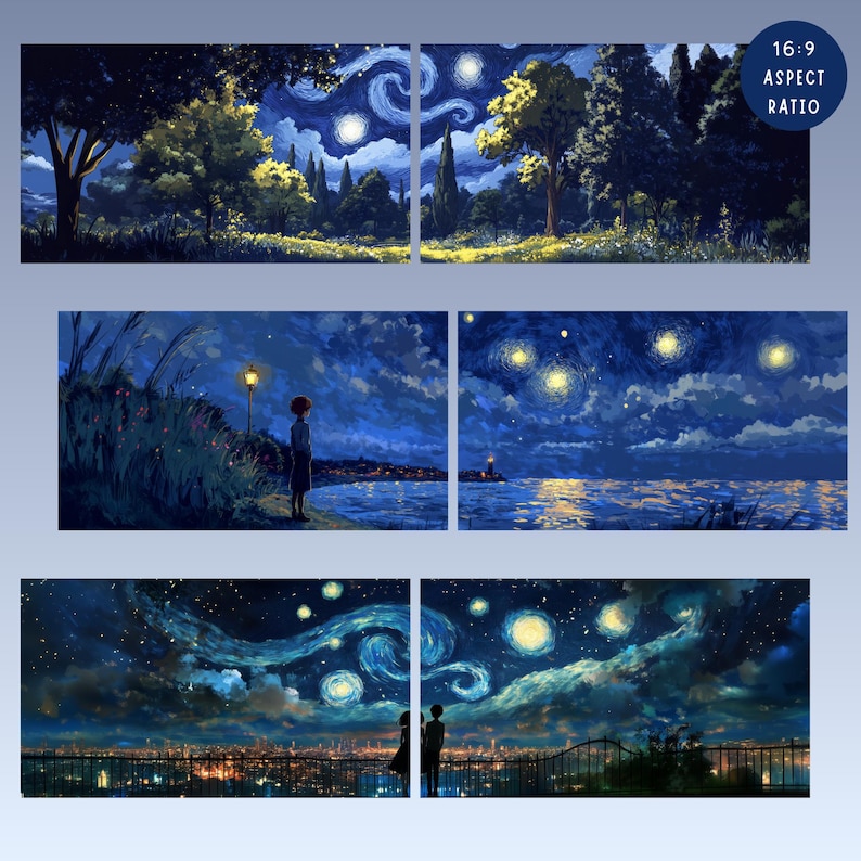 May include: A set of four art prints depicting a starry night landscape in a style reminiscent of Van Gogh. The artwork features swirling skies, illuminated trees, and figures gazing at the night sky. The aspect ratio is 16:9.