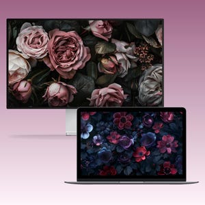 A set of dark, moody floral desktop wallpapers featuring richly detailed blossoms in deep, dramatic tones. The collection includes close-up compositions of roses, anemones, and layered petals in shades of crimson, blush pink, ivory, and cool blue, set against shadowy foliage. Soft lighting and subtle highlights create a cinematic, almost velvety texture, with hints of mist and glow adding depth and atmosphere.