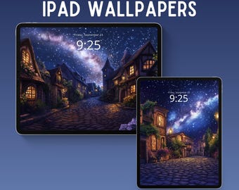 Fondo de pantalla de pueblo estrellado para iPad, fondo acogedor para iPad, fondo de pantalla de la Vía Láctea, fondo de pantalla de anime para tablet, pantalla de bloqueo oscura para iOS, pantalla de inicio para Android iPad
