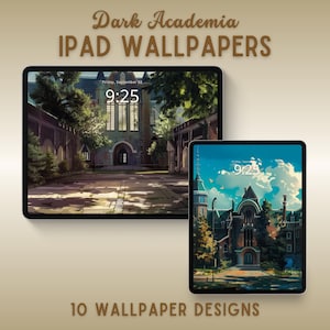 Dark academia–inspired iPad wallpaper collection featuring gothic libraries, ivy-covered courtyards, grand university halls, and autumnal campuses with warm lighting, vintage architecture, and a moody scholarly atmosphere.