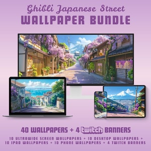 Ghibli japanese street wallpaper bundle desktop wallpaper lofi macbook wallpaper ultrawide wallpaper twitch banner ipad iphone wallpaper