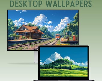 Papel de parede para desktop com a vibe do Ghibli, papel de parede para laptop, papel de parede lofi para MacBook, papel de parede de anime, papel de parede verde, papel de parede do Ghibli, papel de parede extravagante