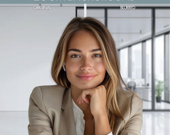 May include: A woman with long brown hair is sitting in front of a blurred background of a modern office. She is wearing a beige blazer and has a neutral expression on her face. The image is optimized for Zoom's virtual background feature and is in 16:9 aspect ratio (Full HD 1920x1080).