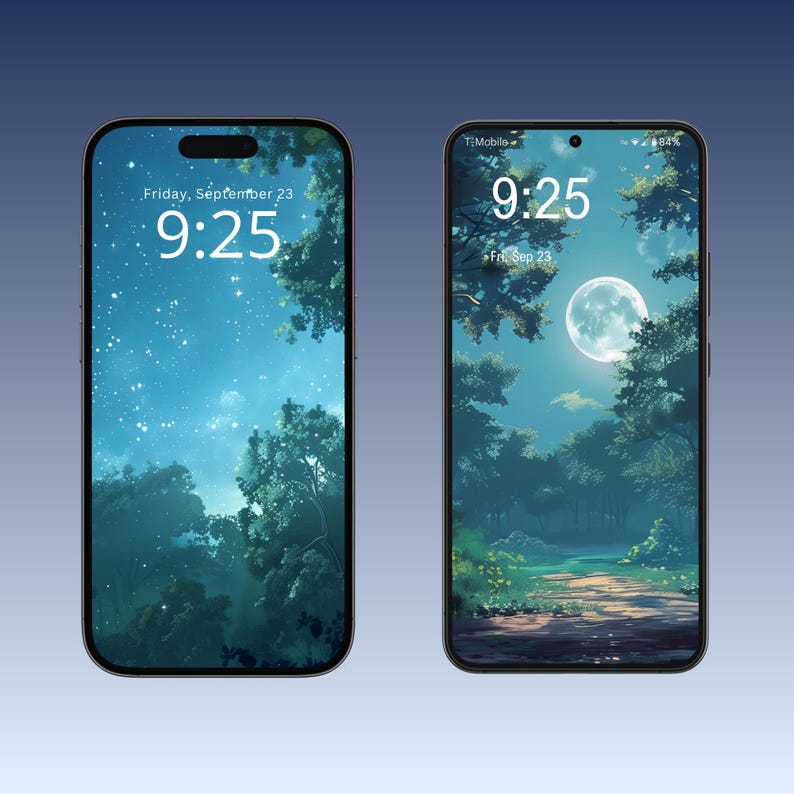 Op de afbeelding: Twee afbeeldingen van een smartphone die een nachtelijke hemel met sterren en een volle maan laat zien. De tijd is 9:25. De eerste afbeelding toont de datum vrijdag 23 september. De tweede afbeelding toont de datum vr 23 september.
