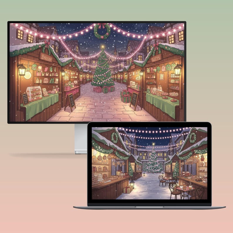 cozy Christmas-themed desktop wallpapers featuring warm, hand-drawn style interiors decorated with pastel holiday decors, Christmas trees, and softly glowing lights