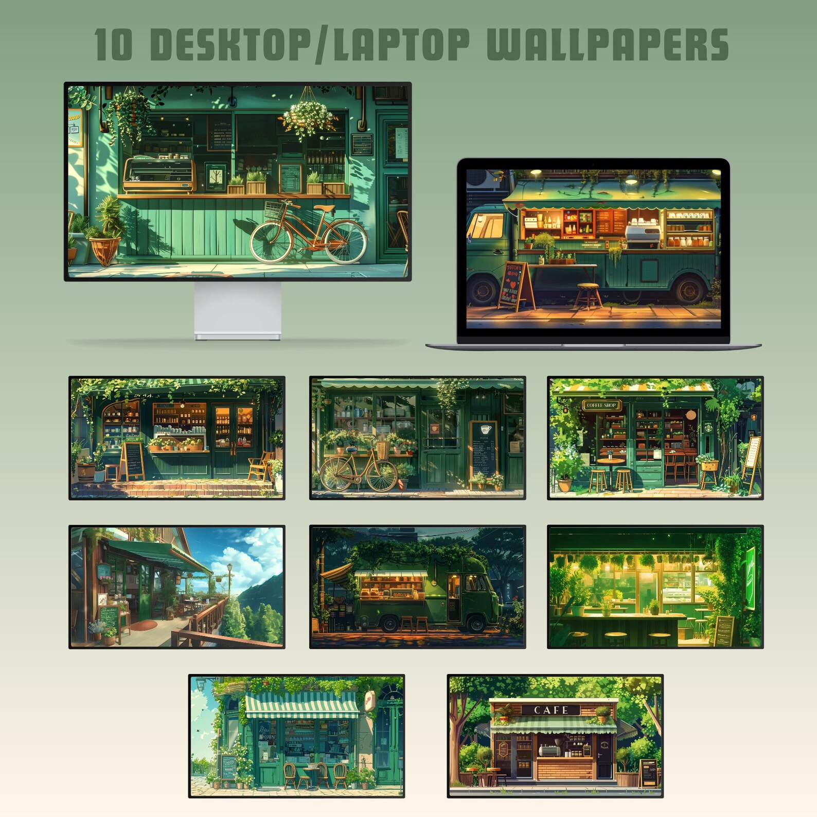 Cozy Green Cafe Wallpaper Bundle Lofi Desktop Wallpaper Ultrawide ...