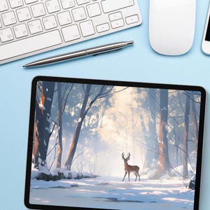 Winter collection of wallpapers featuring serene snowy landscapes, frosty forests and cozy cabins. Each wallpaper captures the peaceful and cold beauty of the winter season, with cool tones of blue, white, and gray.