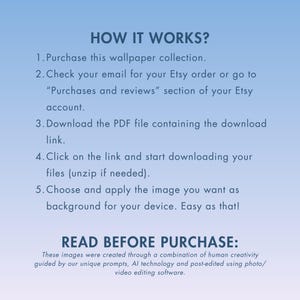 May include: A blue and white text graphic with the title "How It Works?" and a numbered list of instructions for downloading digital wallpaper. The text below the instructions reads "Read Before Purchase: These images were created through a combination of human creativity guided by our unique prompts, AI technology and post-edited using photo/video editing software."