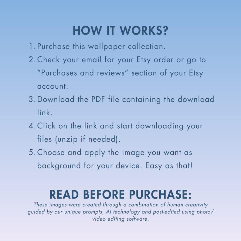 May include: A blue and white text graphic with the title "How It Works?" and a numbered list of instructions for downloading digital wallpaper. The text below the instructions reads "Read Before Purchase: These images were created through a combination of human creativity guided by our unique prompts, AI technology and post-edited using photo/video editing software."
