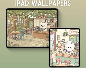 かわいいクマカフェのiPad壁紙、かわいいiPadの背景、居心地の良い壁紙、気まぐれなタブレット壁紙、カフェのiOS壁紙、パステルカラーのiOSロック画面