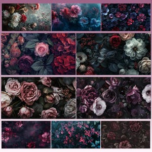 A set of dark, moody floral desktop wallpapers featuring richly detailed blossoms in deep, dramatic tones. The collection includes close-up compositions of roses, anemones, and layered petals in shades of crimson, blush pink, ivory, and cool blue, set against shadowy foliage. Soft lighting and subtle highlights create a cinematic, almost velvety texture, with hints of mist and glow adding depth and atmosphere.