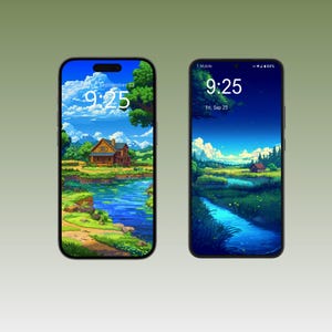 Op de afbeelding: Twee smartphones met landschapsachtergronden. De linkertelefoon toont een huis aan een meer onder een blauwe lucht met de tijd 9:25 en de datum vrijdag 23 september. De rechtertelefoon toont een rivierlandschap met de tijd 9:25 en de datum vr 23 sep.