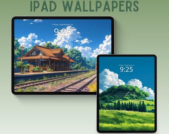 Papel de parede para iPad com a vibe do Ghibli, fundo lofi para iPad, papel de parede para tablet, papel de parede verde, papel de parede de anime, papel de parede PNG inspirado no Ghibli para iPad.