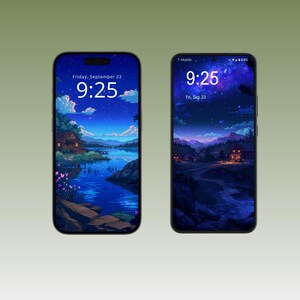 Op de afbeelding: Twee smartphones met een nachtlandschap met een meer, bergen en huizen. De schermen tonen de tijd als 9:25 en de datum. E&eacute;n telefoon toont vrijdag 23 september. De andere toont het T-Mobile-logo.