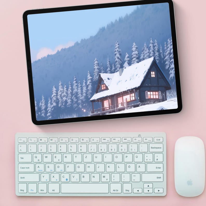 Winter collection of wallpapers featuring serene snowy landscapes, frosty forests and cozy cabins. Each wallpaper captures the peaceful and cold beauty of the winter season, with cool tones of blue, white, and gray.