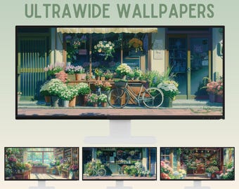 Flower shop ultrawide wallpaper lofi desktop wallpaper studio ghibli inspired desktop background anime wallpaper whimsical wallpaper