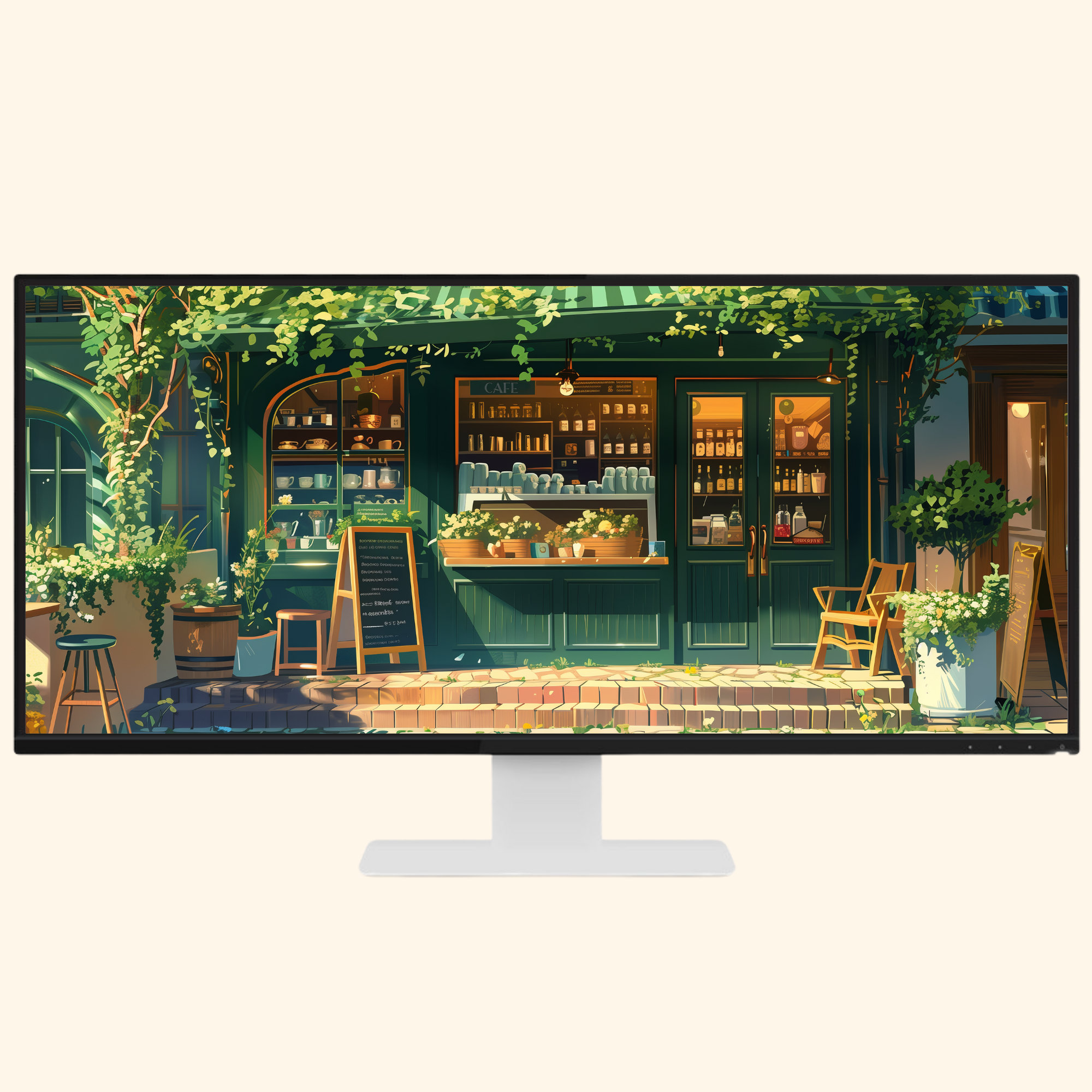 Cozy Green Cafe Ultrawide Wallpaper Lofi Desktop Wallpaper Studio ...