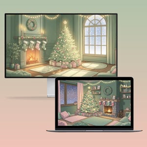 cozy Christmas-themed desktop wallpapers featuring warm, hand-drawn style interiors decorated with pastel holiday decors, Christmas trees, and softly glowing lights