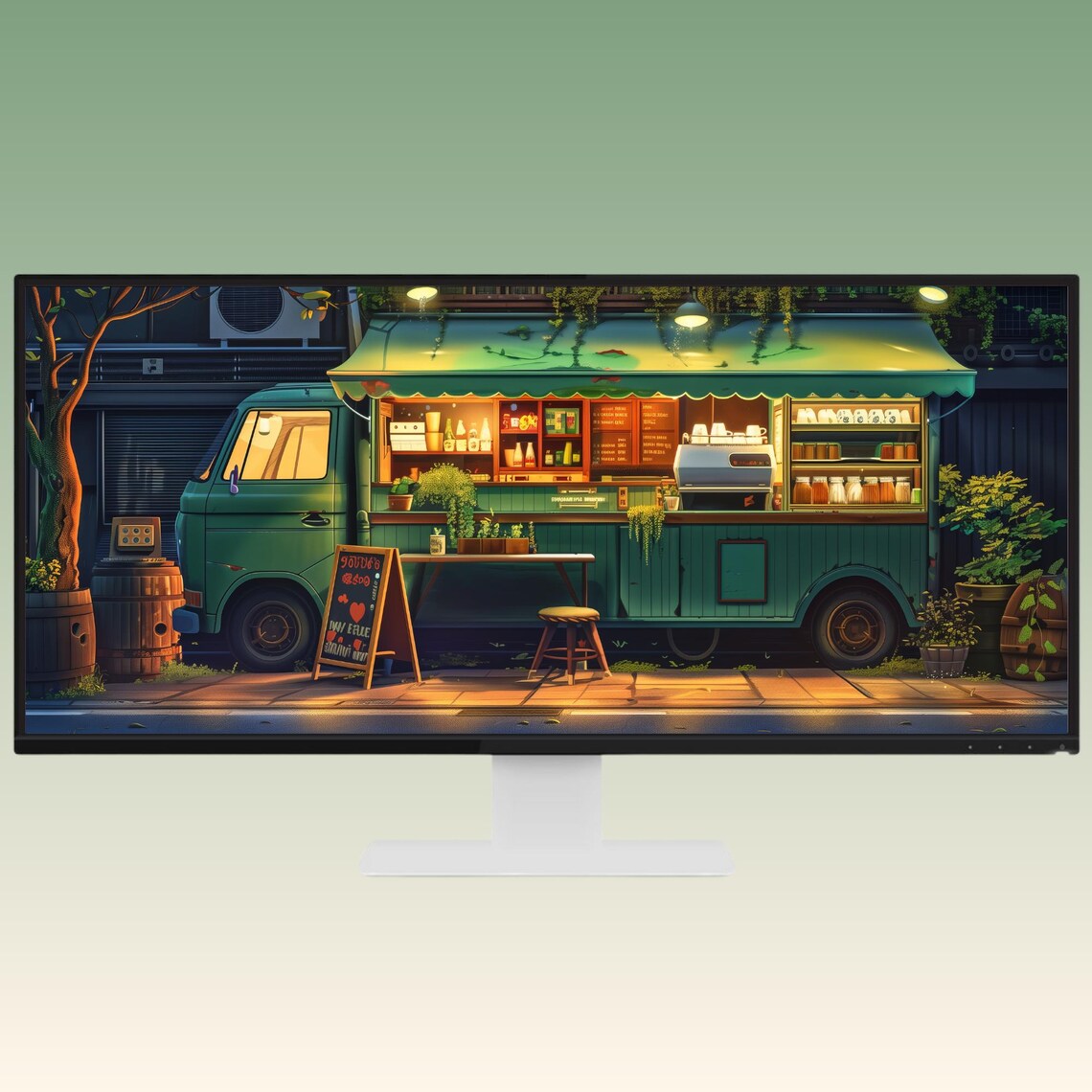 Cozy Green Cafe Ultrawide Wallpaper Lofi Desktop Wallpaper Studio ...