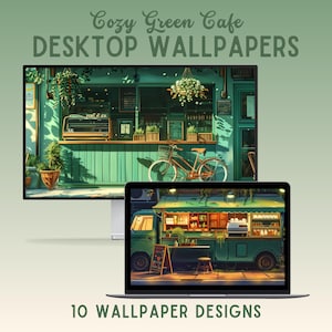 Cozy green cafe wallpaper laptop wallpaper macbook wallpaper anime wallpaper desktop background studio ghibli wallpaper whimsical wallpaper