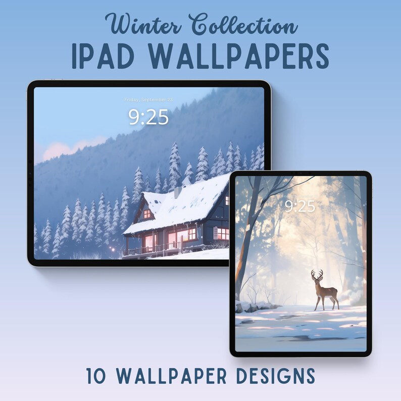 Winter collection of wallpapers featuring serene snowy landscapes, frosty forests and cozy cabins. Each wallpaper captures the peaceful and cold beauty of the winter season, with cool tones of blue, white, and gray.
