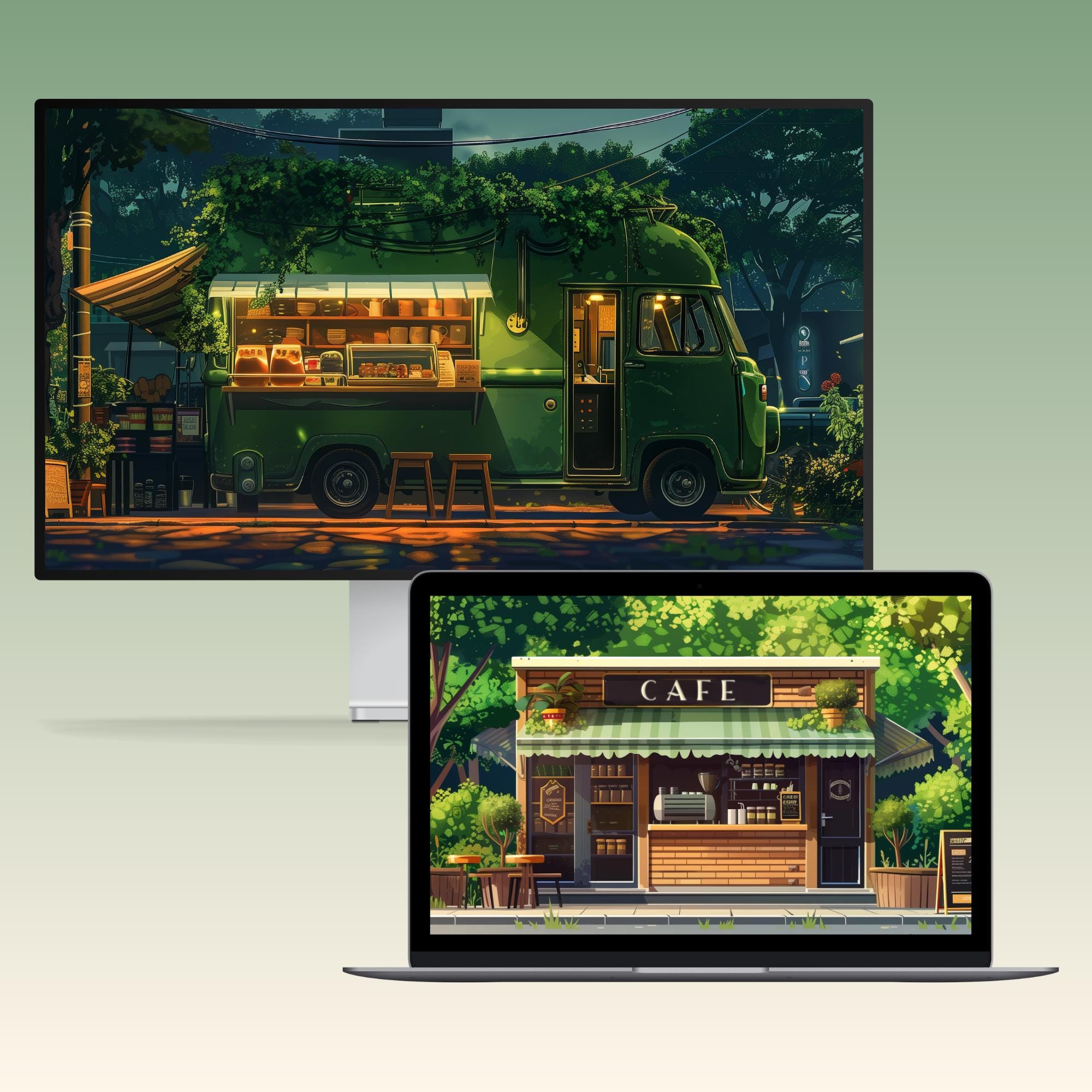 Cozy Green Cafe Wallpaper Laptop Wallpaper MacBook Wallpaper Anime ...
