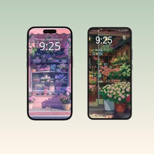 Digital iPhone wallpapers inspired by a cozy flower shop, featuring beautifully arranged bouquets, vintage vases, and charming shop interiors filled with fresh blooms.
