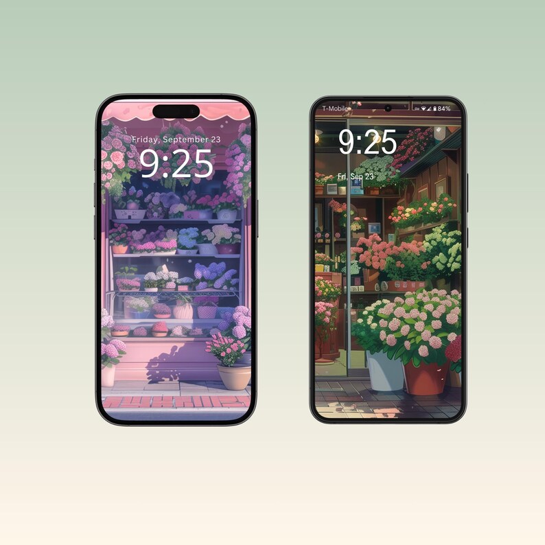 Digital iPhone wallpapers inspired by a cozy flower shop, featuring beautifully arranged bouquets, vintage vases, and charming shop interiors filled with fresh blooms.