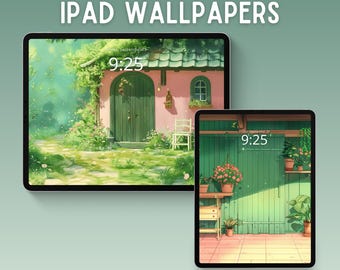Papel de parede cottagecore para iPad, fundo lofi para iPad, papel de parede para tablet, papel de parede verde, papel de parede de anime, papel de parede Ghibli para iPad, papel de parede pastel