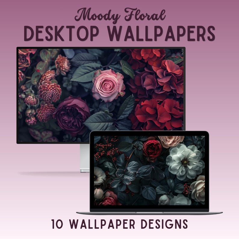 A set of dark, moody floral desktop wallpapers featuring richly detailed blossoms in deep, dramatic tones. The collection includes close-up compositions of roses, anemones, and layered petals in shades of crimson, blush pink, ivory, and cool blue, set against shadowy foliage. Soft lighting and subtle highlights create a cinematic, almost velvety texture, with hints of mist and glow adding depth and atmosphere.