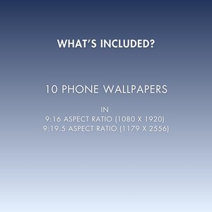 Op de afbeelding: Tekst die "What's Included?" en "10 Phone Wallpapers" in lichtblauwe letters op een donkerblauwe achtergrond weergeeft. De tekst bevat ook "IN" en de beeldverhoudingen en afmetingen van de telefoonachtergronden: "9:16 Aspect Ratio (1080 x 1920)" en "9:19.5 Aspect Ratio (1179 x 2556)".