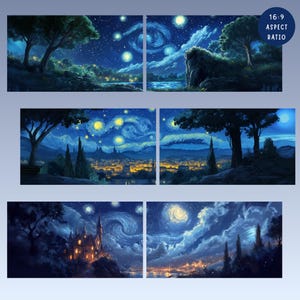 May include: A set of six landscape art prints depicting a starry night sky with swirling clouds, trees, and a town with illuminated buildings. The artwork features a 16:9 aspect ratio and a color palette of blues, yellows, and greens.
