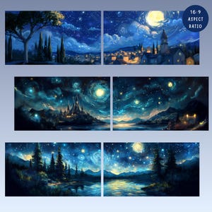 May include: A collection of six landscape paintings with a starry night theme. The artwork features vibrant blues, yellows, and greens, depicting various scenes including a castle, a town, and a lake. The paintings are in a 16:9 aspect ratio.