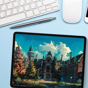Dark academia–inspired iPad wallpaper collection featuring gothic libraries, ivy-covered courtyards, grand university halls, and autumnal campuses with warm lighting, vintage architecture, and a moody scholarly atmosphere.