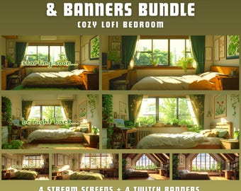 May include: A digital download bundle of four Twitch stream screens and four Twitch banners featuring a cozy lofi bedroom with a bed, plants, and a window. The text "starting soon..." and "be right back..." are displayed on two of the screens. The bundle also includes free matching desktop and ultrawide wallpapers.