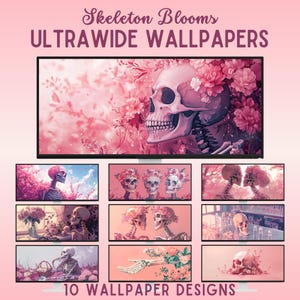 Skeleton blooms ultrawide wallpaper halloween ultra wide wallpaper skeleton desktop wallpaper spooky wallpaper pink lofi desktop background