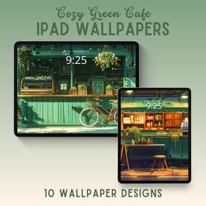 Cozy green cafe ipad wallpaper ipad background studio ghibli inspired tablet wallpaper anime wallpaper whimsical wallpaper green wallpaper