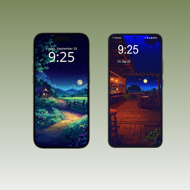 Op de afbeelding: Twee smartphones met digitale kunstachtergronden. E&eacute;n toont een pad naar een huis onder een nachthemel met de tekst "Friday, September 23, 9:25". De andere toont een restaurantsc&egrave;ne met de tekst "T-Mobile, 9:25, Fri, Sep 23".