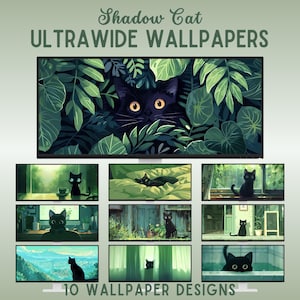 Zwarte katten ultrabreed behang lofi ultrabreed behang bureaubladachtergrond schattige kattenbehang groen behang kawaii bureaubladachtergrond