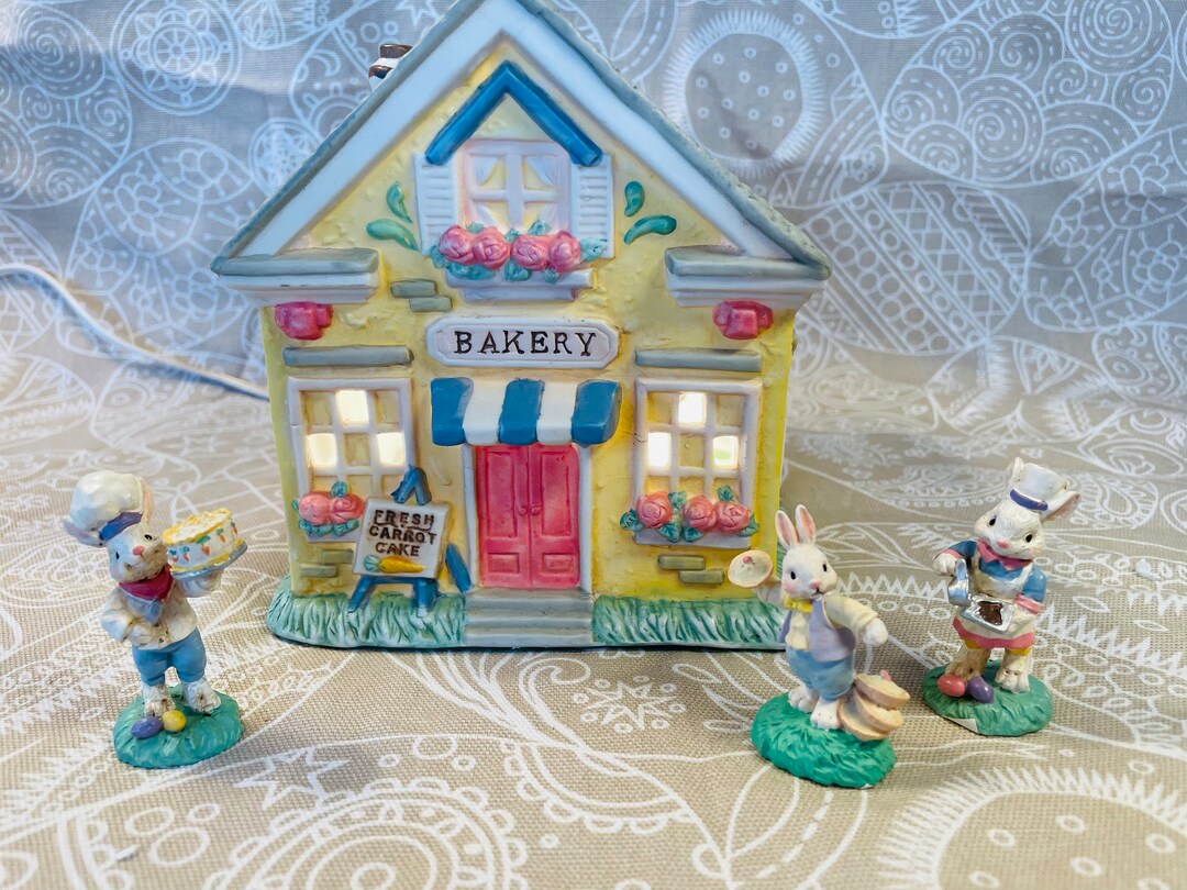 Vintage Cottontail Lane Bakery and 3 Baker Figurines Lighted Easter