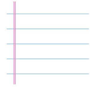 以下が含まれることがあります： 水平な水色の線と左側に垂直なピンク色のマージン線がある、空白のノートページのクローズアップ。 ノートページは白です。