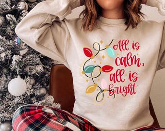 All Is Calm, All Is Bright PNG, Merry Christmas PNG, Holiday PNG, Preppy Png, Trendy Png, Christmas Lights Png, Faux Glitter Png, Digital
