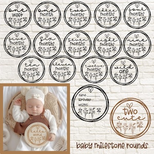 Joli bébé jalon ronds SVG Bundle, jalon mensuel svg, svg faire-part de bébé, statistiques de naissance svg, svg animaux mignons, bonjour le monde svg png