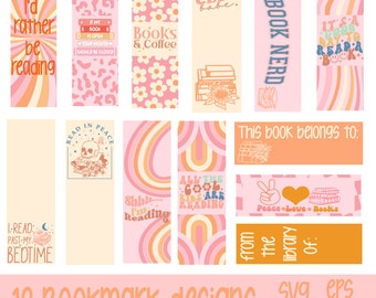 Pode incluir: Treze designs de marcadores de página rosa e laranja com várias ilustrações e textos. Alguns designs apresentam arco-íris, flores, livros e caveiras. O texto inclui frases como "Prefiro ler", "Book Club Babe", "Ler em paz" e "Este livro pertence a".